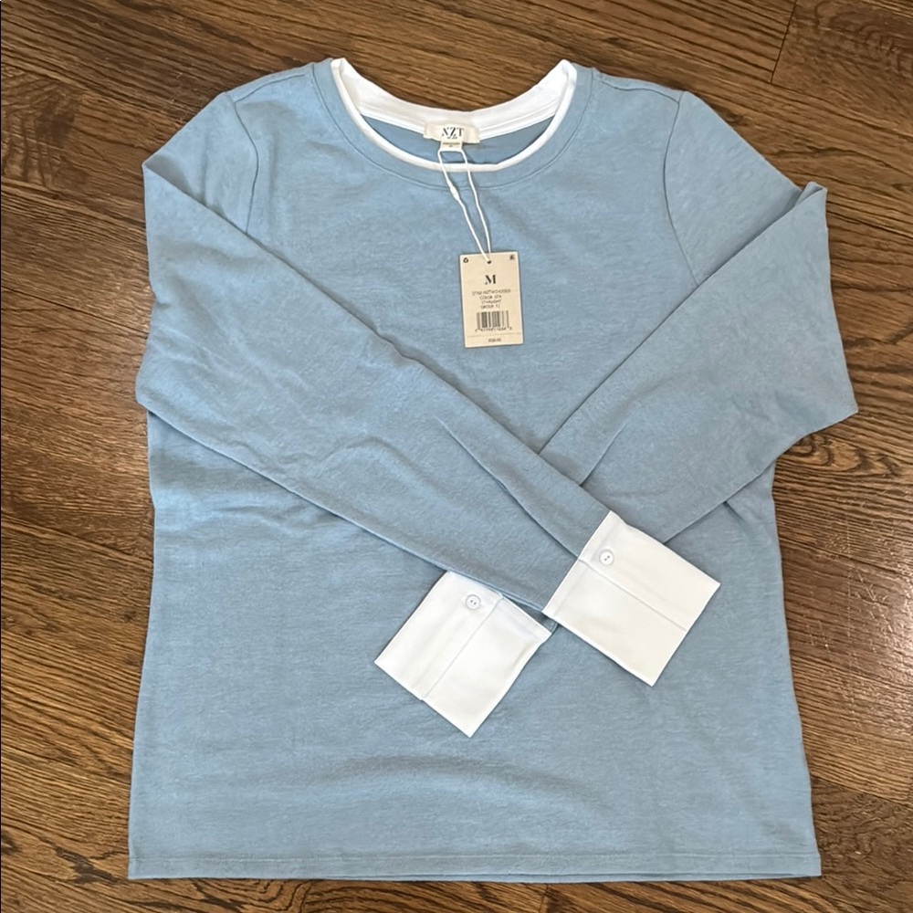 Nic & Zoe Blue cashmere Long Sleeve Shirt with white cuffs